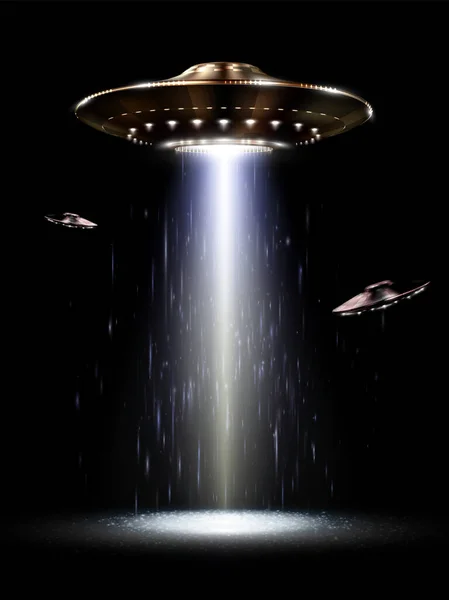 UFO. Tanımlanamayan uçan cisim. Siyah arka planda gelecekçi UFO. Fotoğraf-gerçekçi vektör illüstrasyonu.