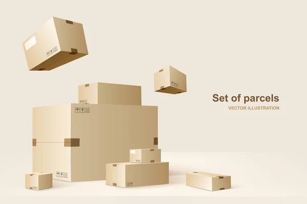Paketlerin şablonu. Paketleme ve nakliye için karton kutular. Vektör konsepti çizimi.