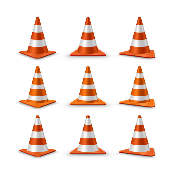 Traffic cones set. Red realistic road plastic cones with white striped, vector illustration