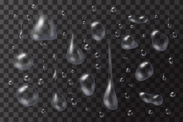 Transparent water drops on the transparent surface, vector illustration