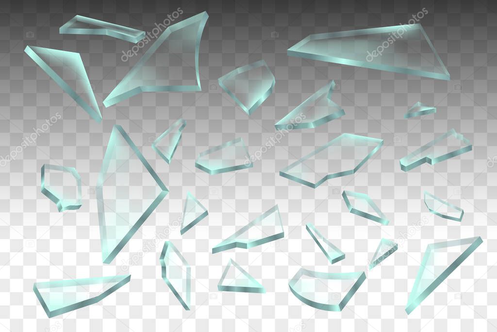 Realistic transparent pieces of broken glass on transparent background, vector illustration
