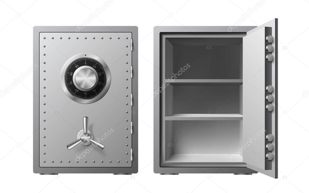 Steel safe with combination lock Isolated on a white background. Armored box. Reliable data protection. Protection of personal information. Vector illustration