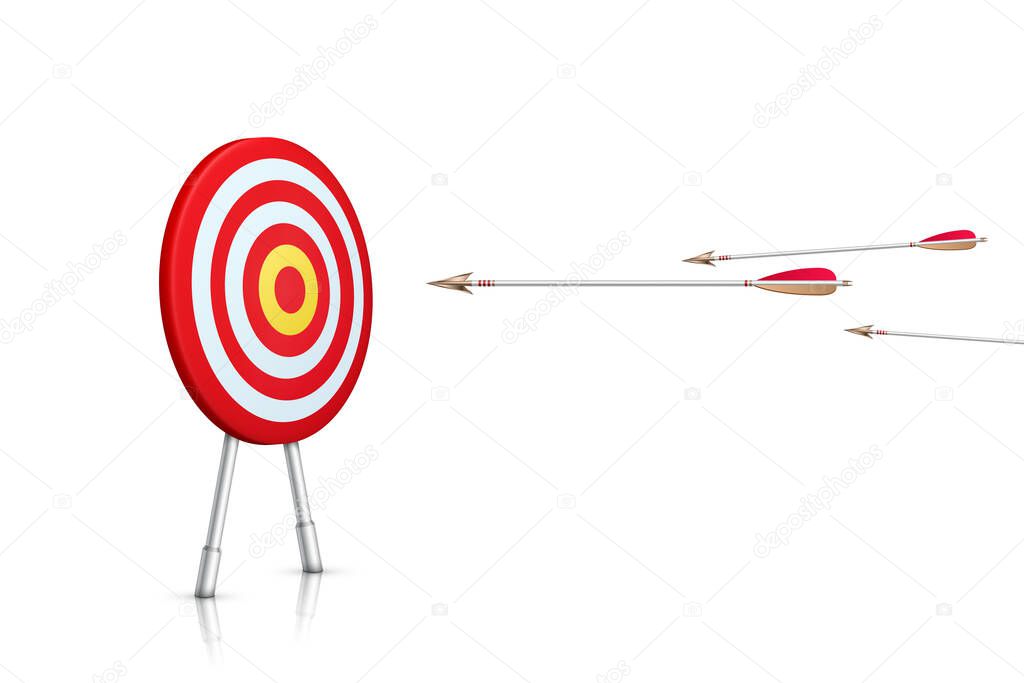 Path to success. Realistic aim and arrows isolated on white background. Vector illustration.