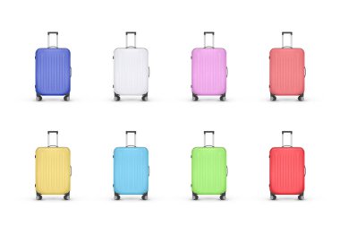 Gerçekçi plastik bavullar. Seyahat çantası beyaz arkaplanda izole edildi, vektör illüstrasyonu