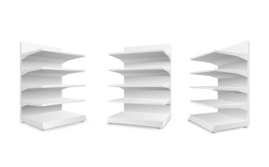 Beyaz arkaplanda izole edilmiş beyaz boş mağaza rafları. Perakende satış için rafa kaldırıyorum. Gösteri şablonu. Vektör illüstrasyonu