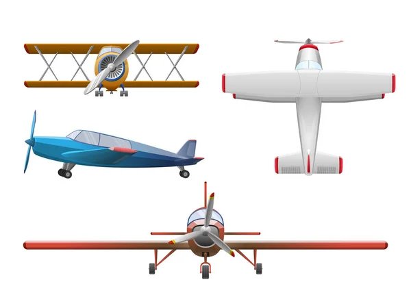 白い背景に隔離された漫画スタイルで飛行機のセット 農業用プロペラ機ベクトルイラスト — ストックベクタ