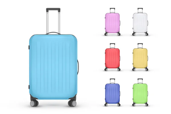 Set Realistic Plastic Suitcases Travel Bag Isolated White Background Vector — Stock Vector