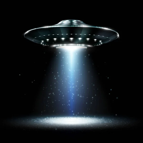 UFO. Tanımlanamayan uçan cisim. Siyah arka planda gelecekçi UFO. Fotoğraf-gerçekçi vektör illüstrasyonu.