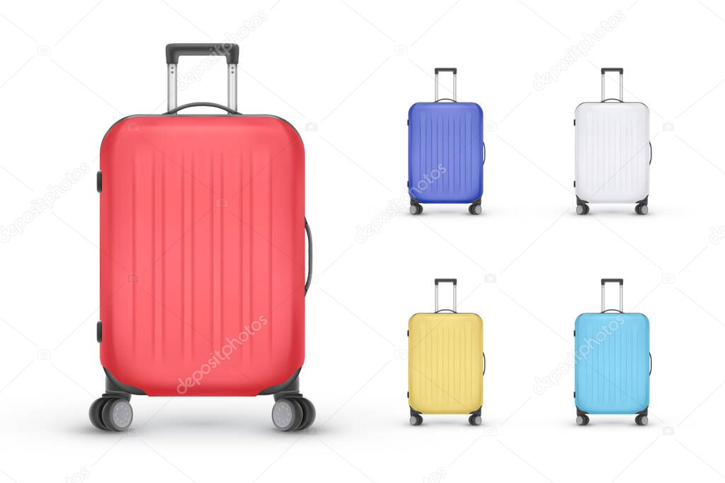 Set of realistic plastic suitcases. Travel bag isolated on white background, vector Illustration