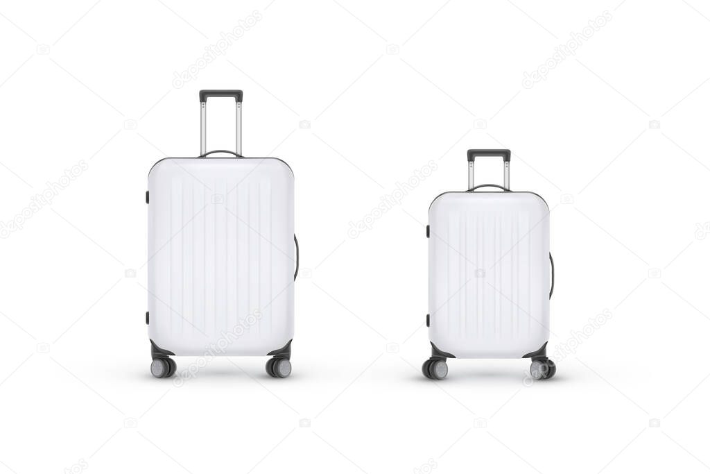 Realistic plastic suitcase. Travel bag isolated on white background. Traveling banner template. Vector Illustration