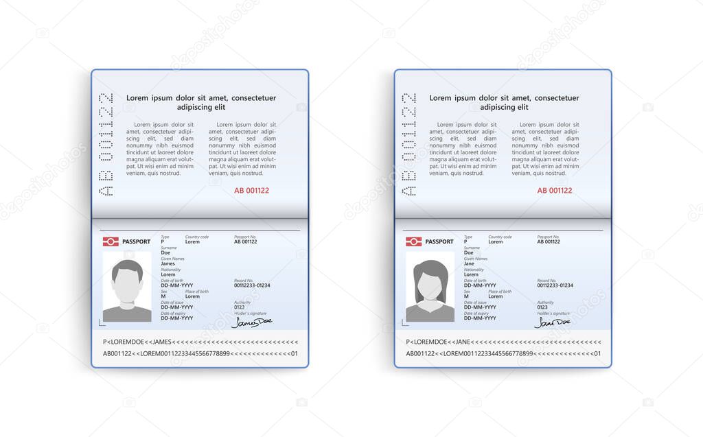 Realistic set of passport. Identity card isolated on white background, vector illustration