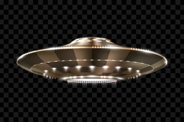 UFO. Tanımlanamayan uçan cisim. Şeffaf bir arkaplan üzerinde gelecekçi UFO, vektör illüstrasyonu.