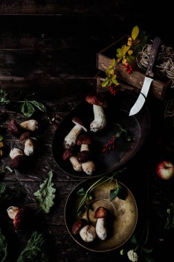 üstten görünüm karanlık rustik arka plan üzerinde beyaz mantar