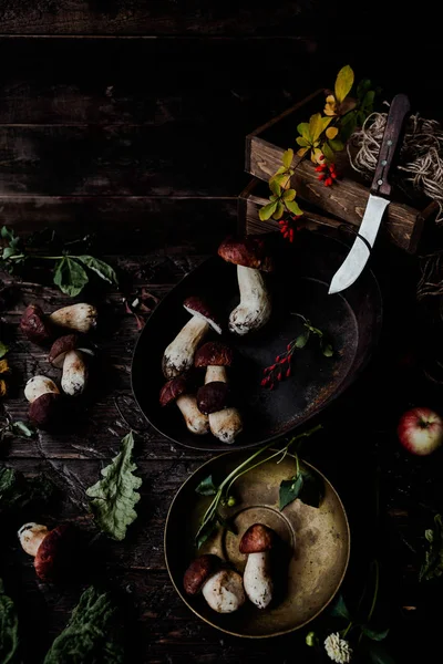 üstten görünüm karanlık rustik arka plan üzerinde beyaz mantar