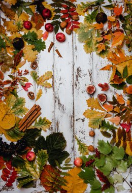 Sonbahar kompozisyon ile sonbahar yaprakları, incir ve rustik ahşap zemin üzerine fındık