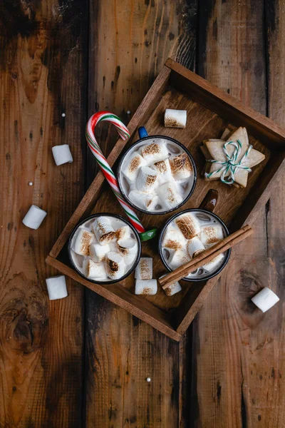 Top View Wooden Tray Hot Cocoa Marshmallows Candy Cane Wooden — Stock Photo, Image