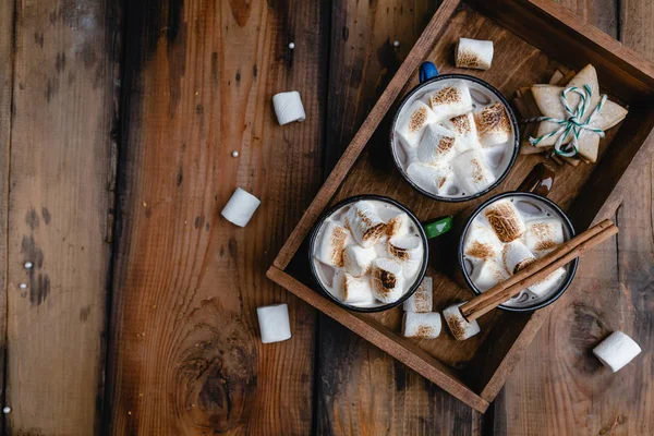 Şekerleme ve şeker kamışı ile sıcak kakao ile ahşap tepsi ahşap arka plan üzerinde yukarıdan  