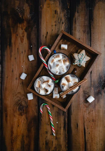 Top View Wooden Tray Hot Cocoa Marshmallows Candy Cane Wooden — Stock Photo, Image