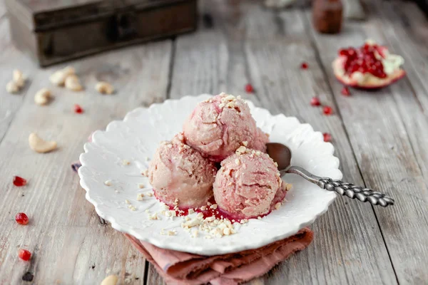 Cold Pomegranate Ice Cream Served White Vintage Plate Rustic Grey Stock Image