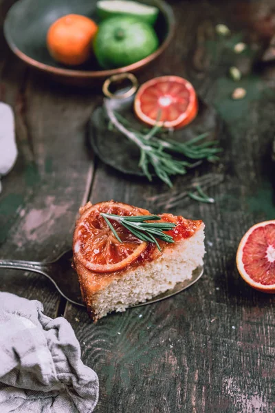 Fresh Homemade Pie Sicilian Oranges Rosemary Twigs Old Wooden Table — Stock Photo, Image