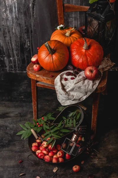 Collection Pumpkins Wooden Chair Metal Pan Apples Floor Dark Room — Stock Photo, Image