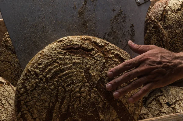 Panadería Pan Crujiente Rústico Oro Bollos Sobre Fondo Pizarra Negro — Foto de Stock