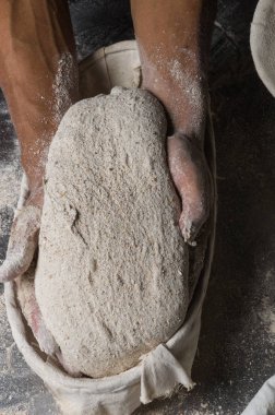 Erkek eller hamur yoğurur un serpilmiş, yakın plan.