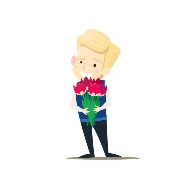 De jongen houdt een boeket van bloemen — Stockvector