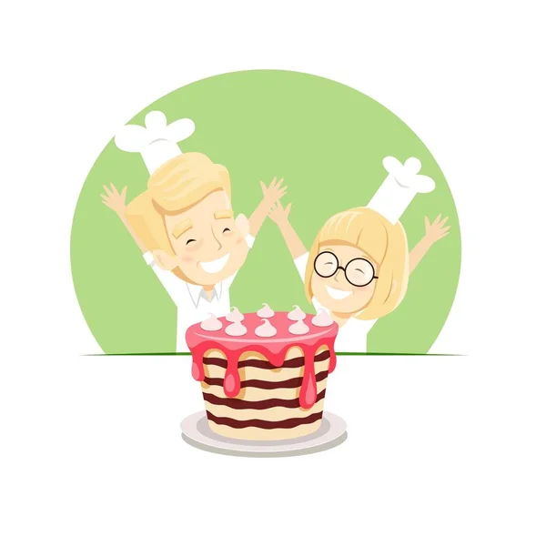 Joyful boy and girl baked a cake — Stock Vector