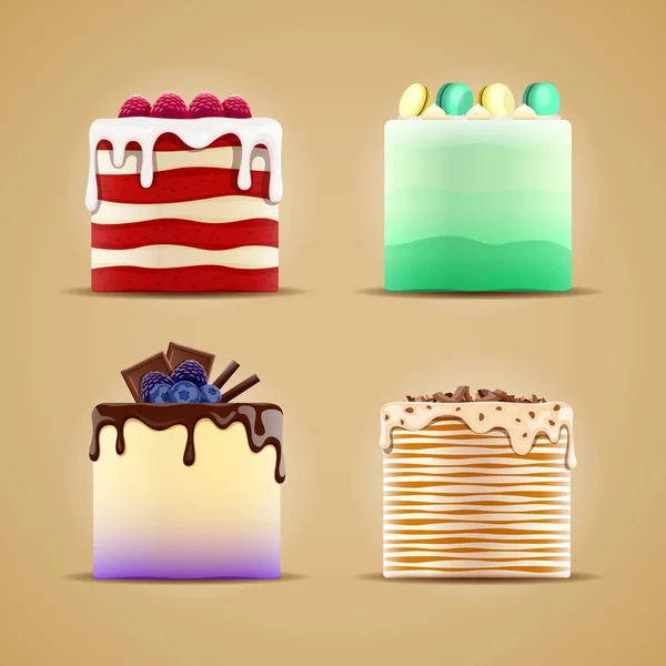 Quatre délicieux gâteaux différents avec framboise, mûre, caramel et macarons — Image vectorielle