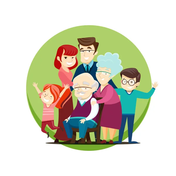 Kuva suuresta perheestä, jossa on vanhempia, isovanhempia ja lapsia — vektorikuva