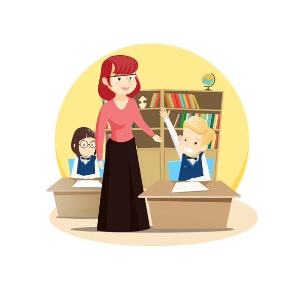 Red-haired teacher leads a class in the classroom, students sit at their desks and want to answer — Stock Vector