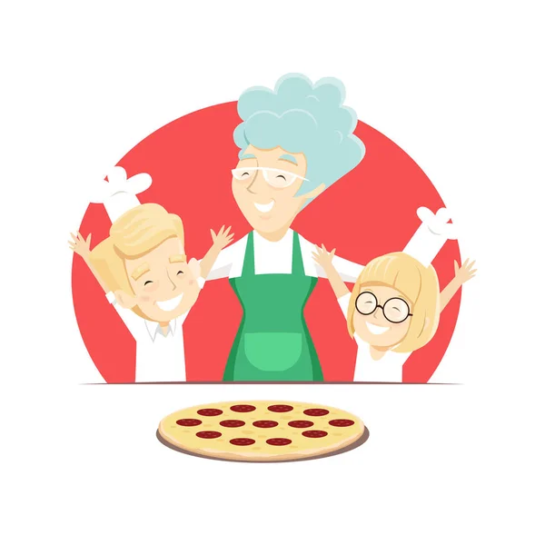 外婆带着孙子烤意大利披萨 — 图库矢量图片