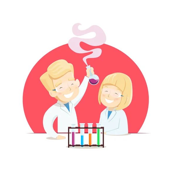 Los escolares con batas de laboratorio hacen experimentos en clase de química — Vector de stock