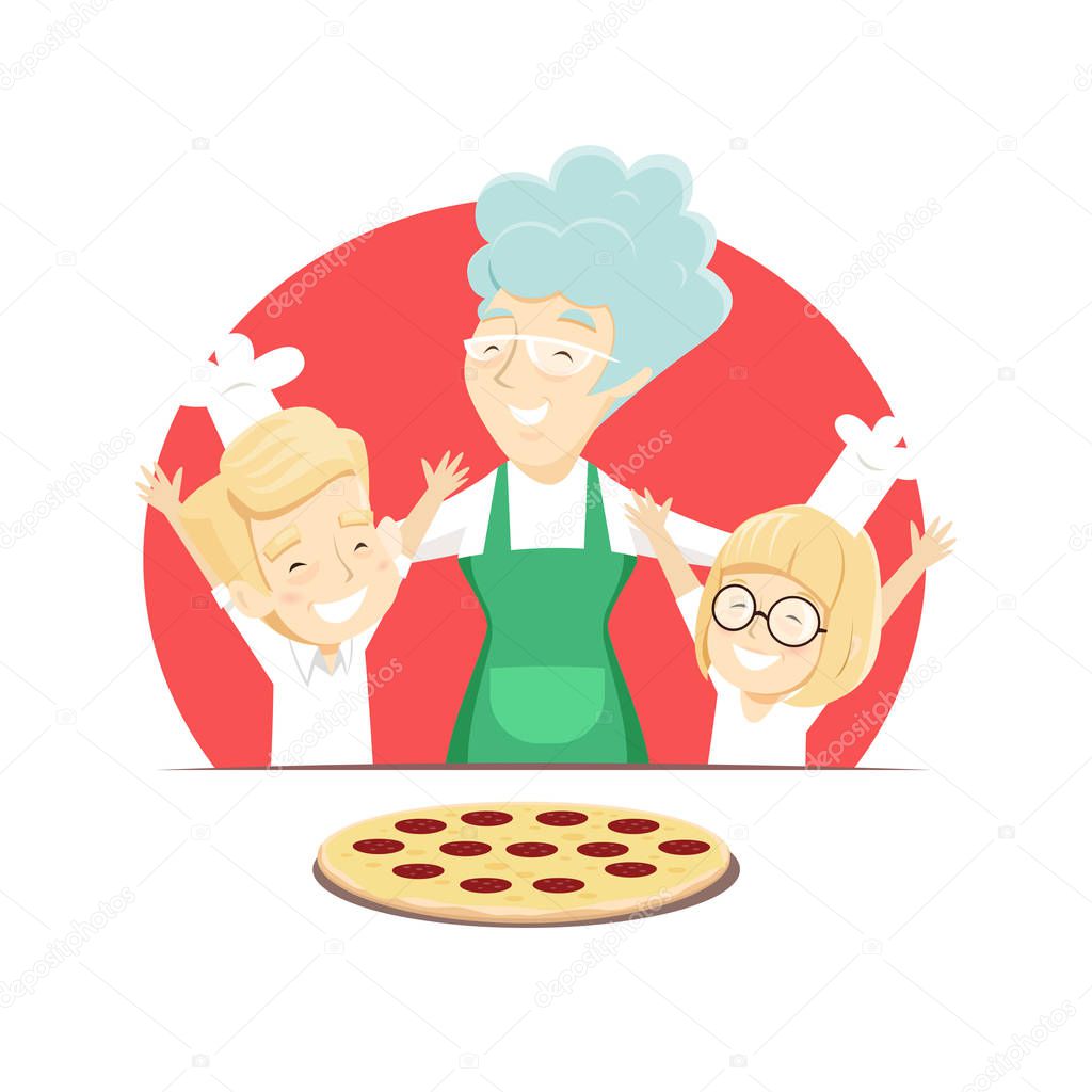 Grandmother with grandchildren bakes Italian pizza