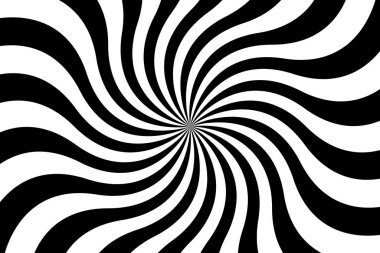 Siyah ve beyaz spiral arkaplan, dönen dairesel desen, soyut vektör çizimi