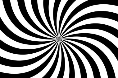 Siyah ve beyaz spiral arkaplan, dönen dairesel desen, soyut vektör çizimi