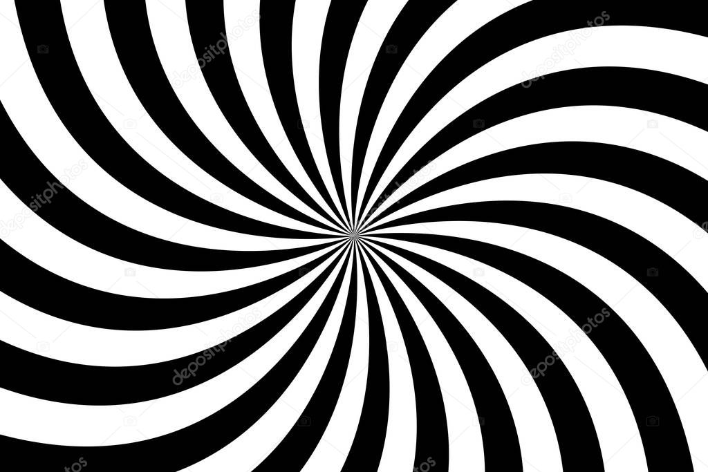 Black and white spiral background, swirling radial pattern, abstract vector illustration