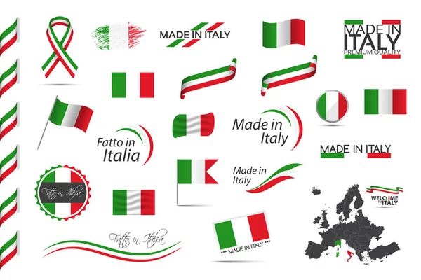 Großer Satz Italienischer Bänder Symbole Ikonen Und Fahnen Isoliert Auf — Stockvektor