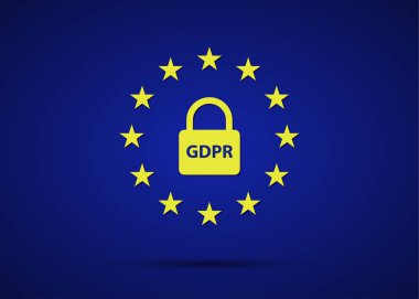 Gdpr genel veri koruma yönetmeliği ile Avrupa Birliği yıldız ve kilit, mavi arka plan üzerinde basit vektör çizim