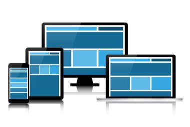 Modern elektronik cihazların tam olarak yanıt veren web tasarımında, modern dijital teknoloji cihazlar beyaz arka planda, iş kavramı Infographic, bilgisayar, akıllı telefon, tablet, laptop için izole dizi