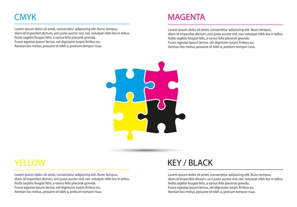 Puzzle Infográfico Conceito Negócios Com Cores Cmyk Quatro Peças Quebra — Vetor de Stock