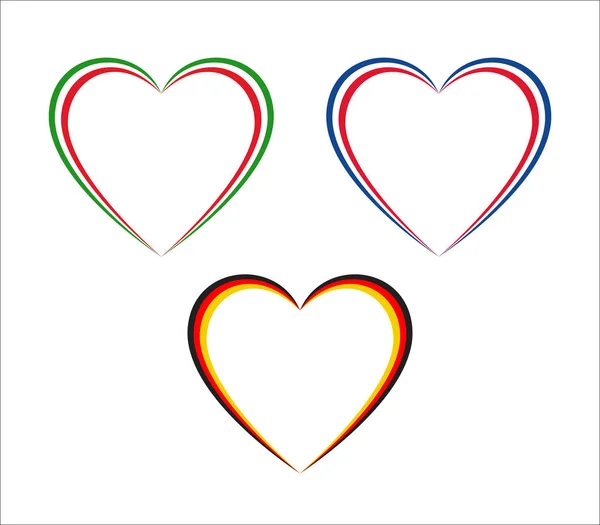 Conjunto Tres Corazones Colores Italiano Francés Alemán Aislados Sobre Fondo — Vector de stock