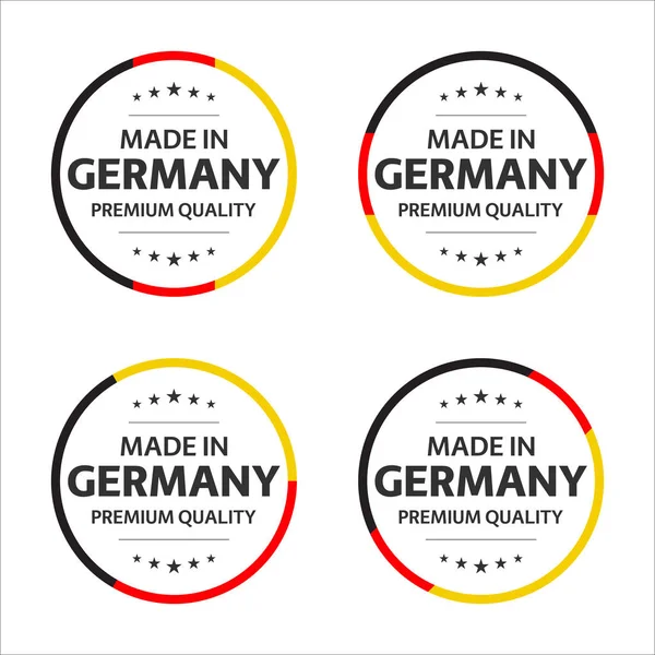 Ensemble de quatre icônes allemandes, titre anglais Made in Germany, autocollants et symboles de qualité supérieure, illustration vectorielle simple isolée sur fond blanc — Image vectorielle