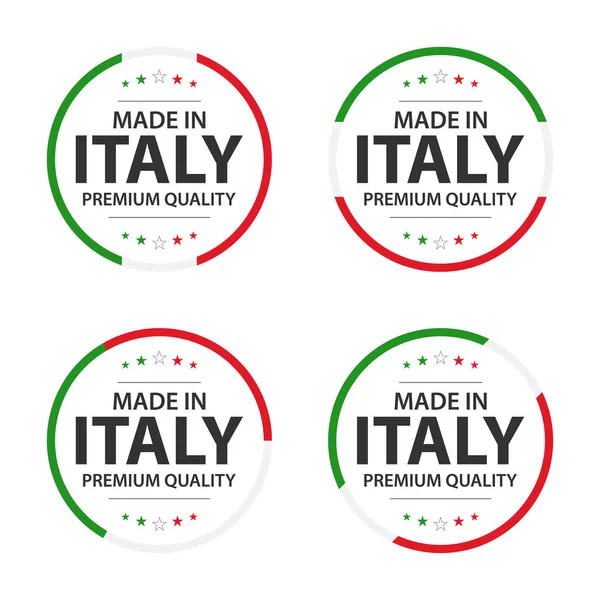 Set van vier Italiaanse pictogrammen, Engelse titel Made in Italy, premium kwaliteit stickers en symbolen, eenvoudige vectorillustratie geïsoleerd op witte achtergrond — Stockvector