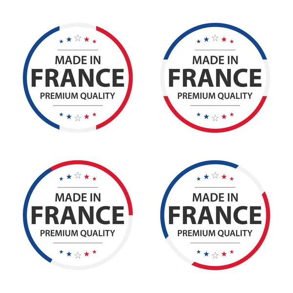 Conjunto de cuatro iconos franceses, Made in France, pegatinas de primera calidad y símbolos con estrellas, ilustración vectorial simple aislada sobre fondo blanco — Vector de stock