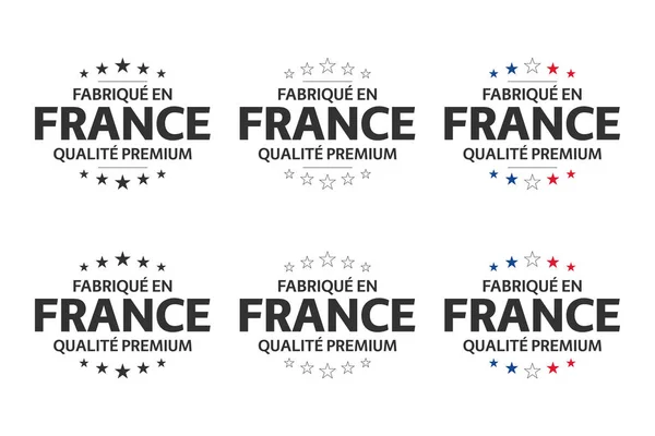 Ensemble de six icônes françaises, symboles Made in France en français, autocollants de qualité supérieure, illustrations vectorielles simples isolées sur fond blanc — Image vectorielle