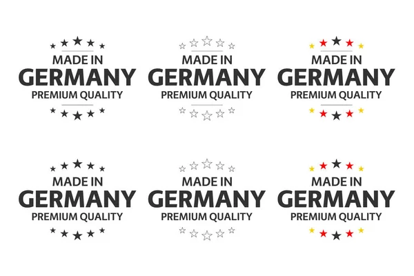Set van zes Duitse pictogrammen, gemaakt in Duitsland symbolen, Premium kwaliteit stickers, eenvoudige Vector illustraties geïsoleerd op witte achtergrond — Stockvector