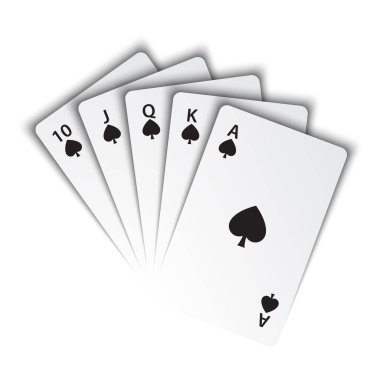 Beyaz arka planda maça kraliyet floş, poker kartları, casino oyun kartları, vektör poker sembolleri el kazanan
