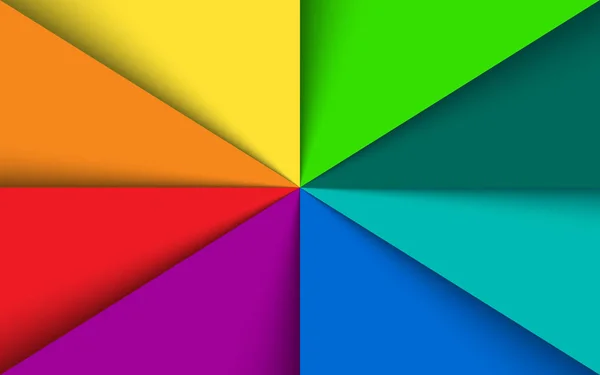 Färgstark regnbåge trianglar bakgrund med skuggor, färgglada papper vector mall, spektrum mönster — Stock vektor